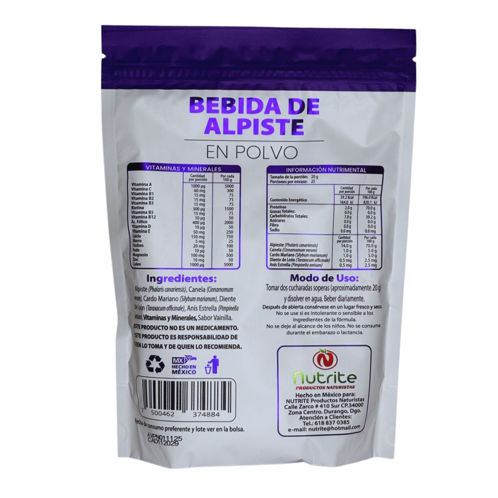 Bebida de Apiste Sabor Vainilla - Alpiste, Cardo Mariano, Diente de León, Canela, Anís Estrella - 500 gr