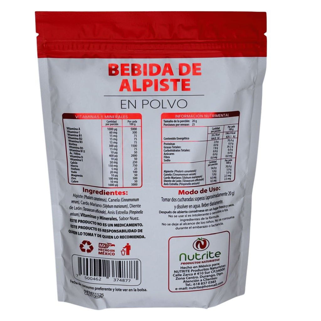 Bebida de Apiste Sabor Nuez - Alpiste, Cardo Mariano, Diente de León, Canela, Anís Estrella - 500 gr