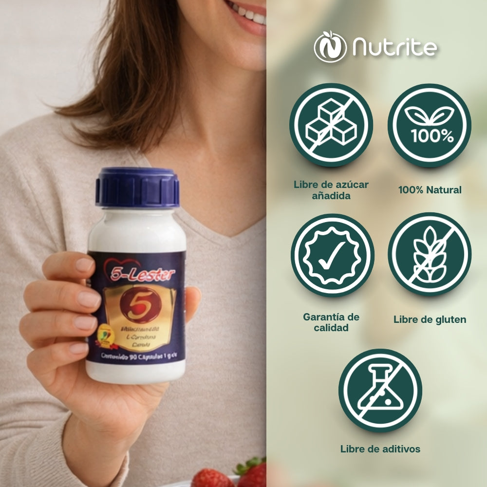 5-Lester - L-Carnitina, Fenogreco, Diente de León, Canela, Vitamina B3 - 90 Cápsulas de 1000 mg