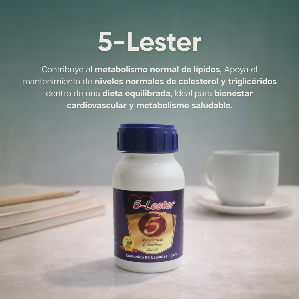 5-Lester - L-Carnitina, Fenogreco, Diente de León, Canela, Vitamina B3 - 90 Cápsulas de 1000 mg