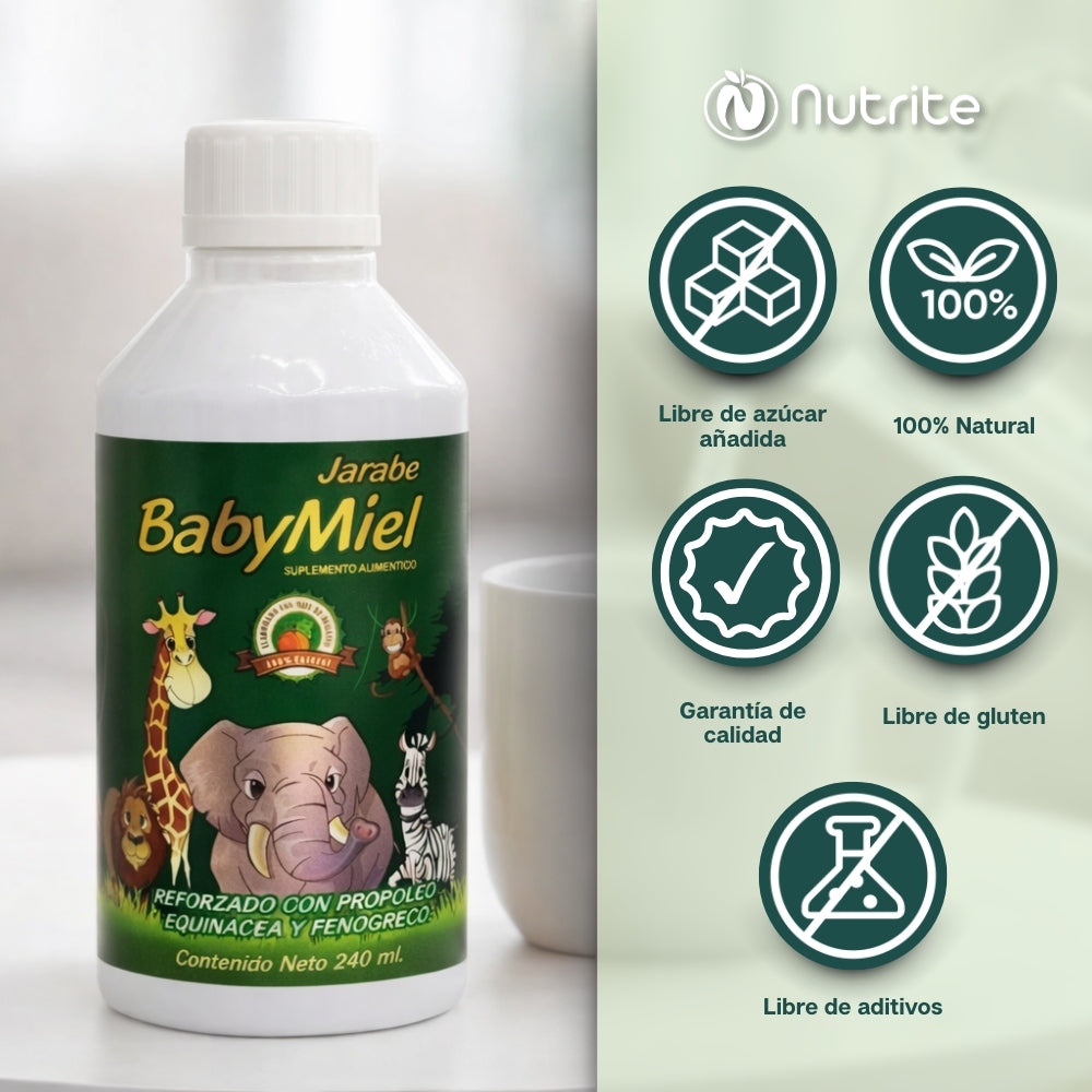 BabyMiel - Jarabe con Miel de Durazno, Propóleo, Equinácea, Fenogreco, Sello de Oro - 240 ml
