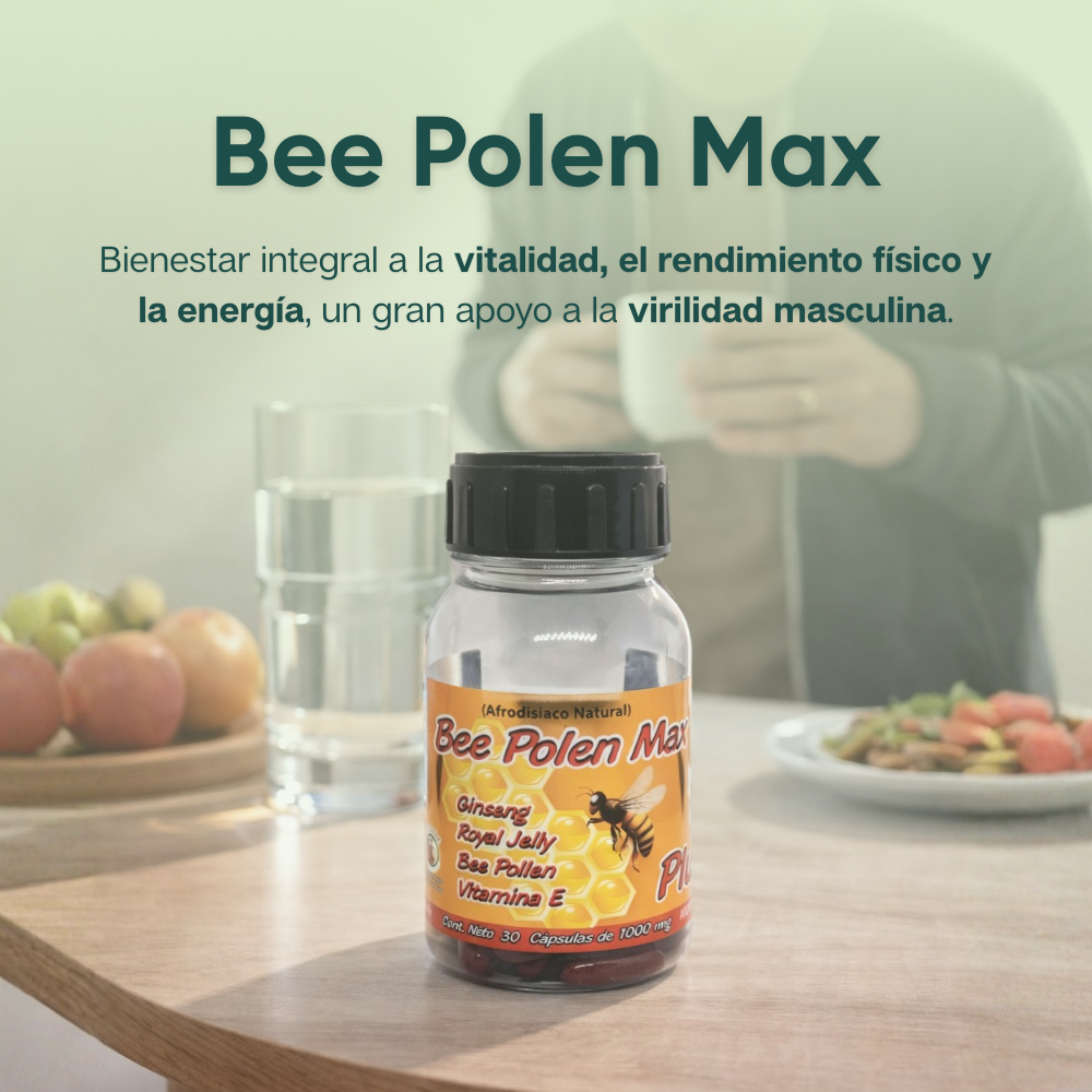 Bee Polen Max - Ginseng, Jalea Real, Polen de Abeja, Vitamina E - 30 Cápsulas de 1000 mg