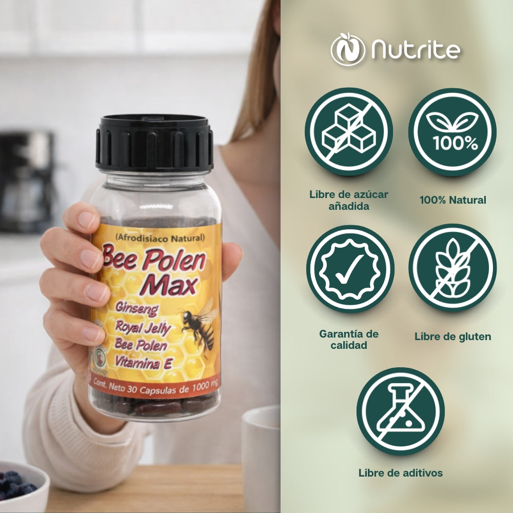 Bee Polen Max - Ginseng, Jalea Real, Polen de Abeja, Vitamina E - 30 Cápsulas de 1000 mg