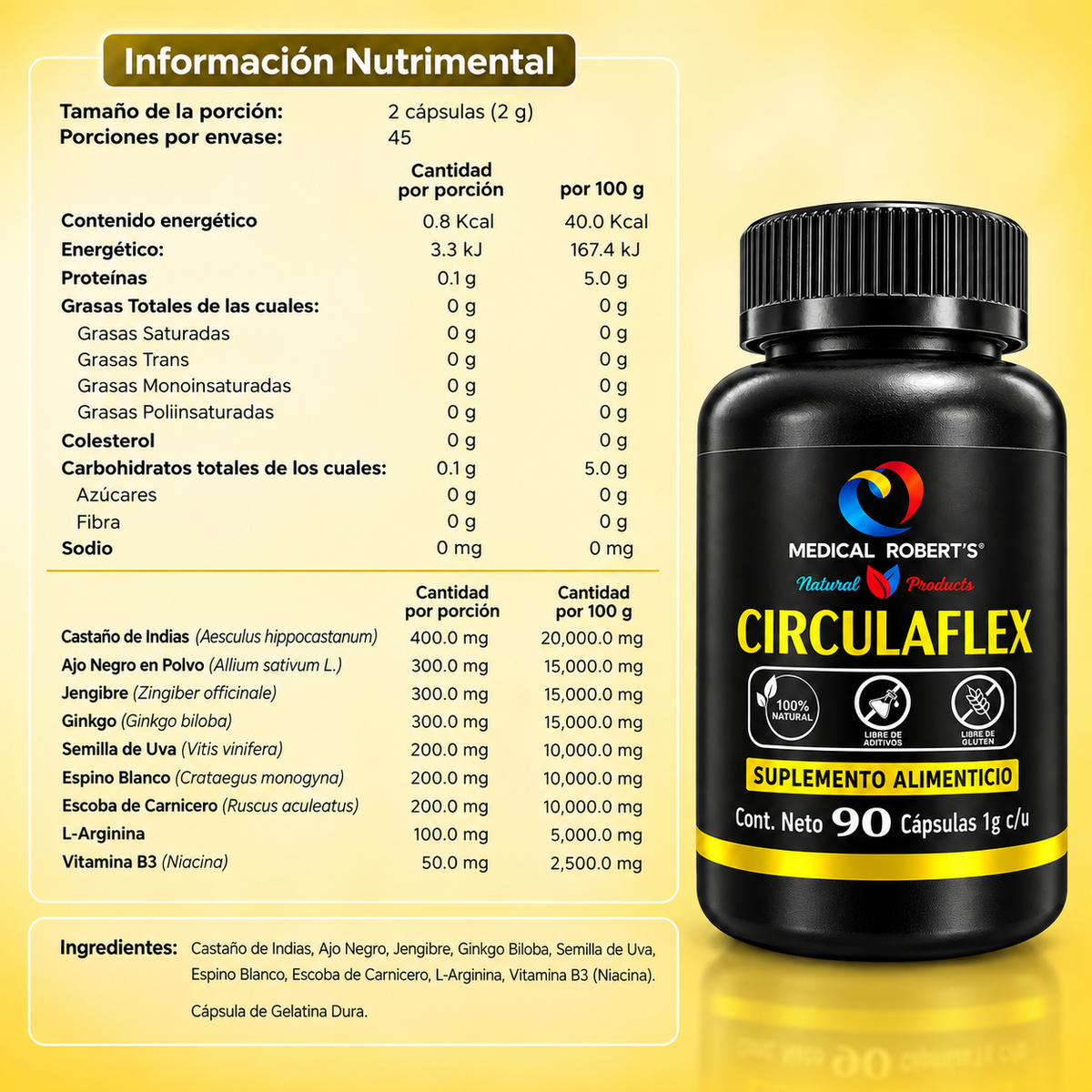 Circulaflex- Castaño de Indias, Ajo Negro, Jengibre, Vid Roja, Ginkgo Biloba, L-Arginina - 90 Cápsulas de 1000 mg