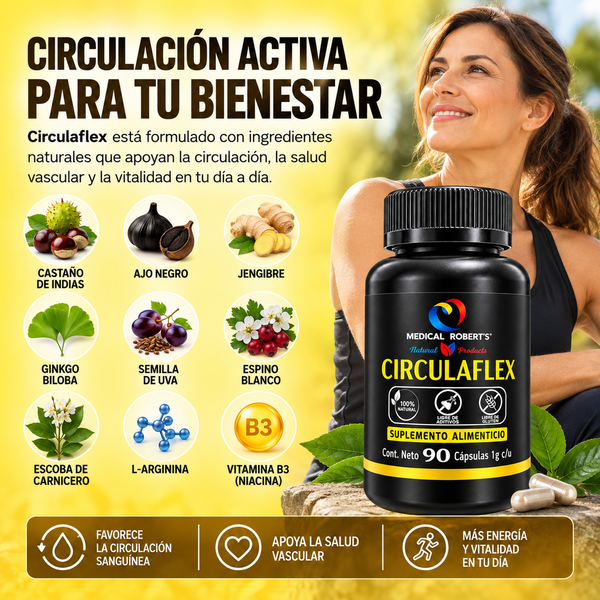 Circulaflex- Castaño de Indias, Ajo Negro, Jengibre, Vid Roja, Ginkgo Biloba, L-Arginina - 90 Cápsulas de 1000 mg