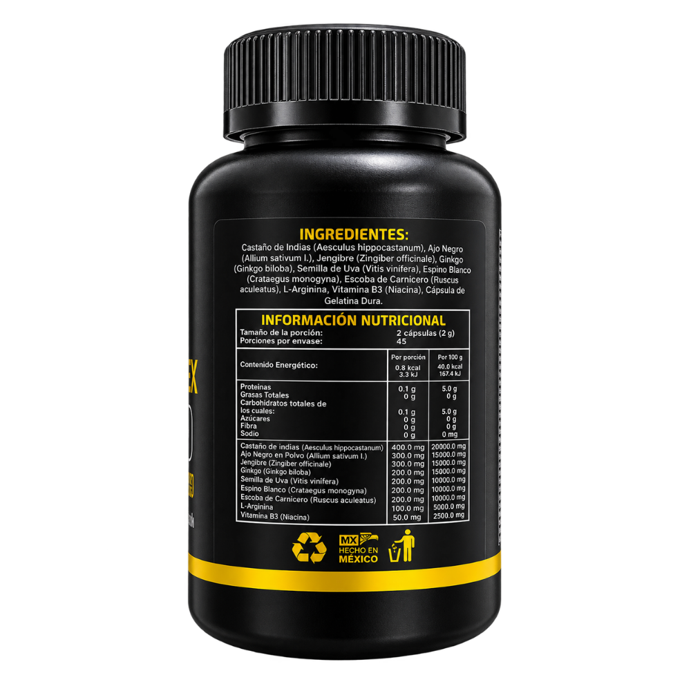 Circulaflex- Castaño de Indias, Ajo Negro, Jengibre, Vid Roja, Ginkgo Biloba, L-Arginina - 90 Cápsulas de 1000 mg