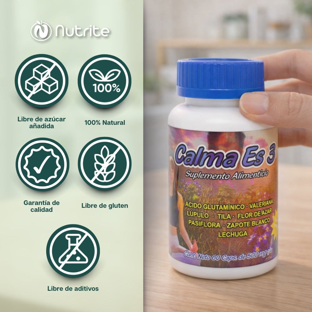 Calma es3 - Ácido Glutámico, Lúpulo, Pasiflora, Valeriana, Tila, Azahar, Lechuga - 60 cápsulas de 500 mg