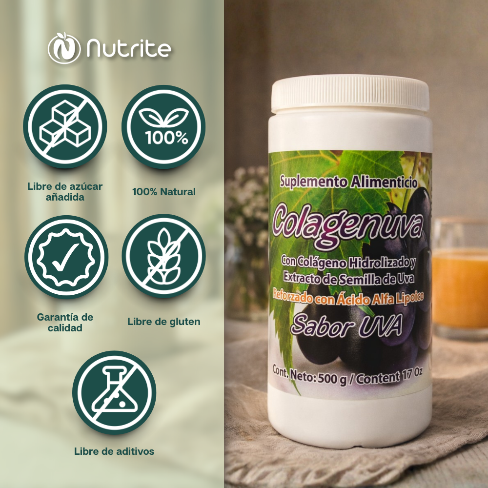 Colagenuva - Colágeno Hidrolizado, Ácido Alfa Lípoico, Semilla de Uva, Vitamina C - Polvo 500 gr