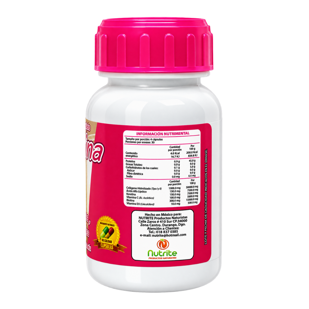 Colagetina - Colágeno Hidrolizado, Biotina, Ácido Alfa Lipoico, Keratina - 120 cápsulas 500 mg
