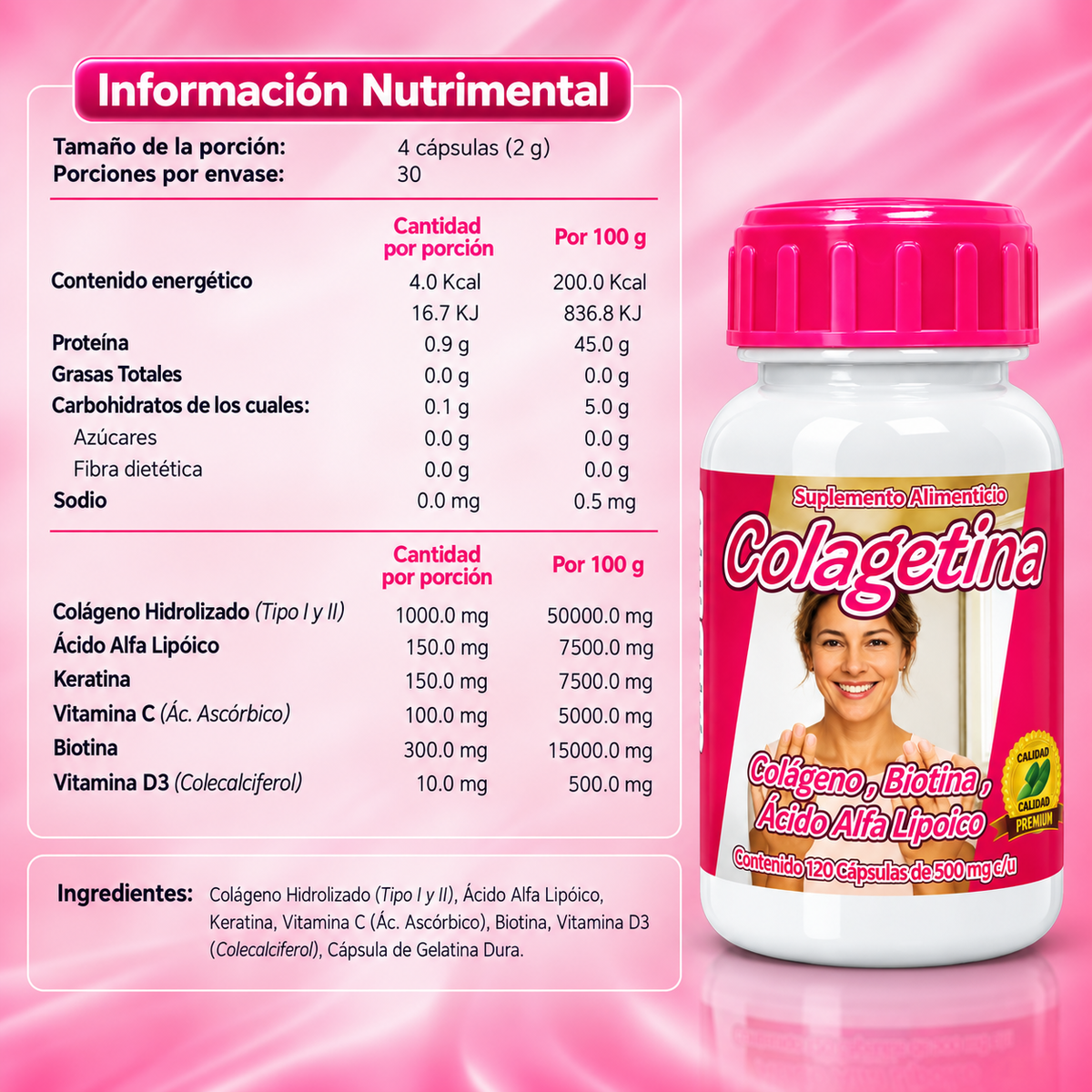 Colagetina - Colágeno Hidrolizado, Biotina, Ácido Alfa Lipoico, Keratina - 120 cápsulas 500 mg