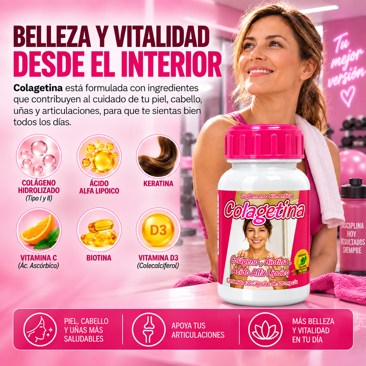 Colagetina - Colágeno Hidrolizado, Biotina, Ácido Alfa Lipoico, Keratina - 120 cápsulas 500 mg