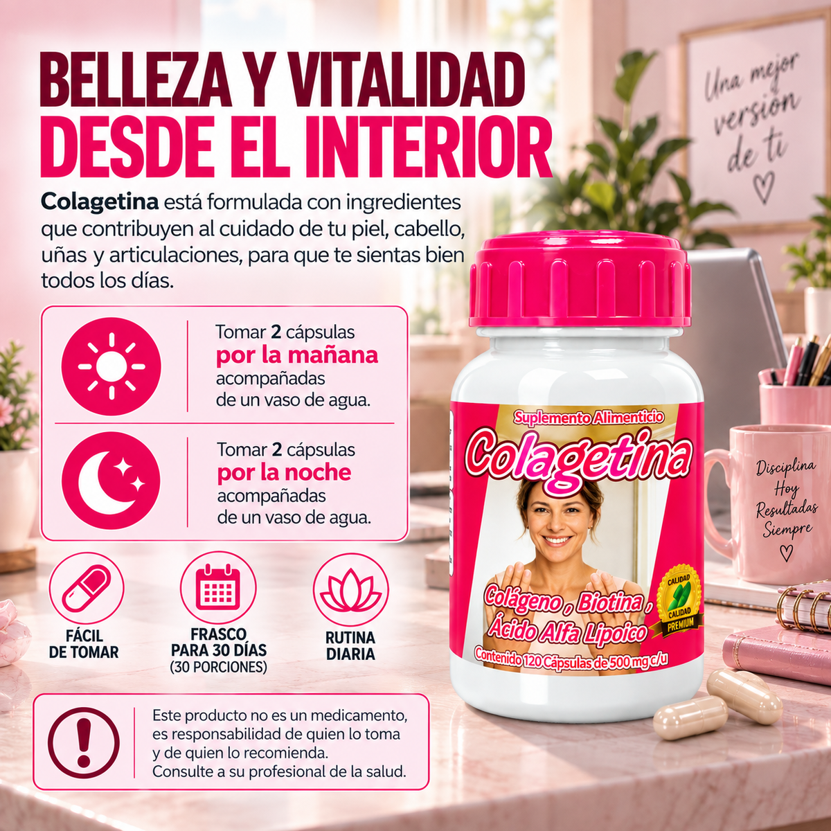 Colagetina - Colágeno Hidrolizado, Biotina, Ácido Alfa Lipoico, Keratina - 120 cápsulas 500 mg