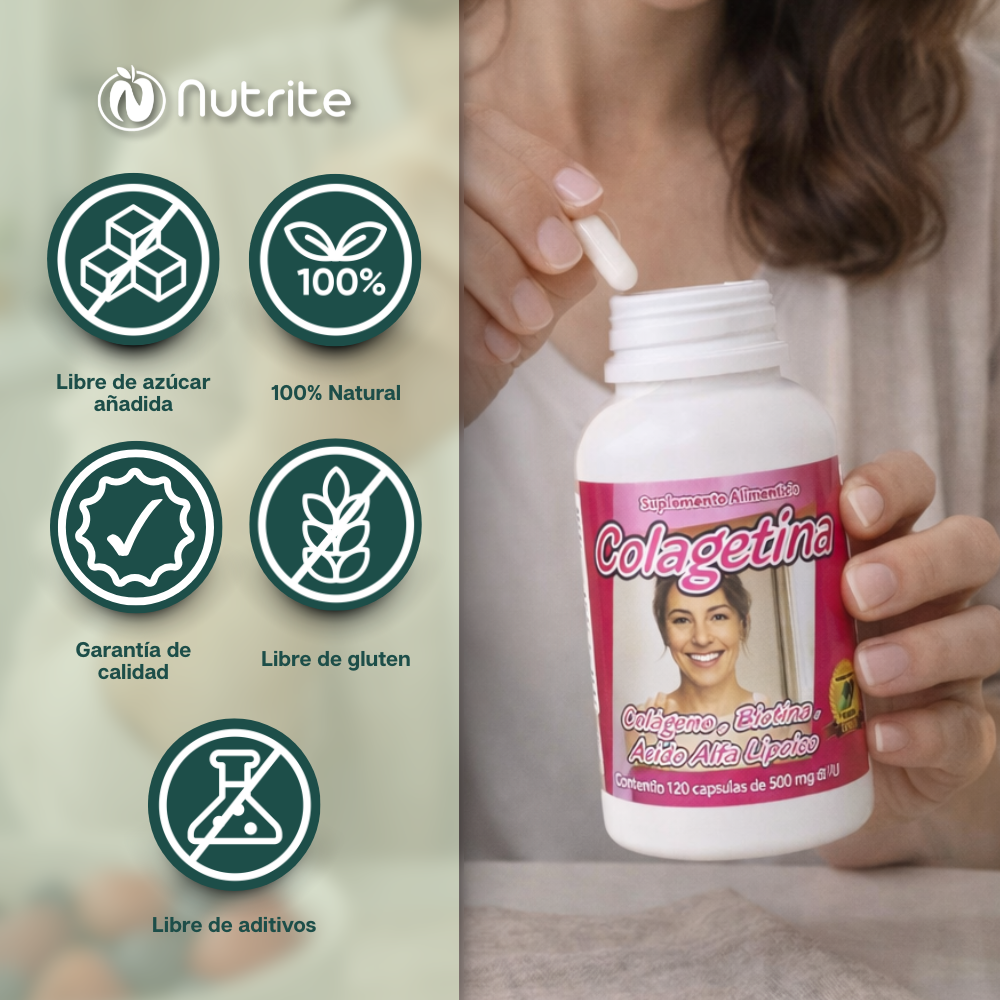 Colagetina - Colágeno Hidrolizado, Biotina, Ácido Alfa Lipoico, Keratina - 120 cápsulas 500 mg