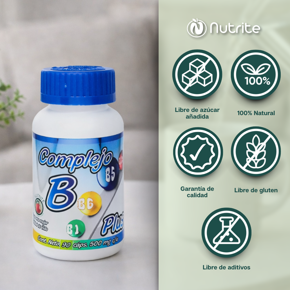 Complejo B - Tiamina B1, Riboflavina B2, Niacina B3, Piridoxina B6, Cobalamina B12 - 90 Cápsulas de 500 mg