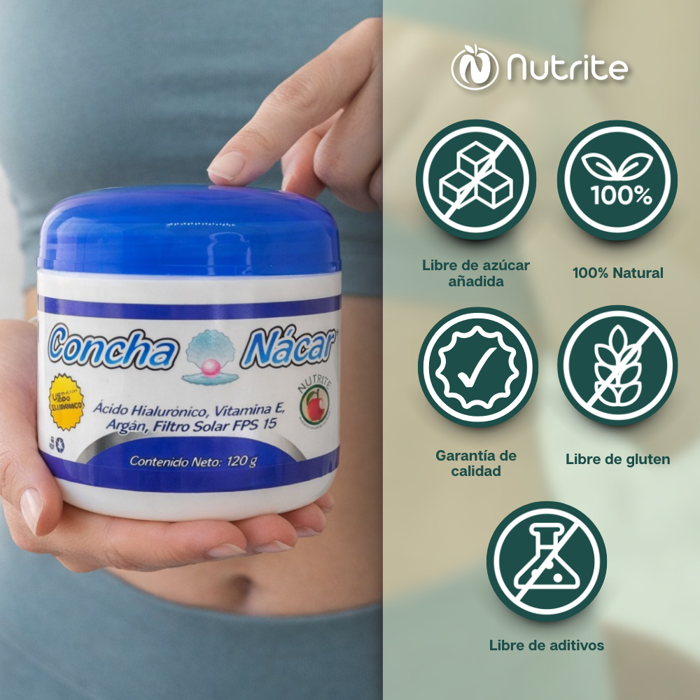 Crema con Concha Nácar, Vitamina E, Vitamina C, Aceite de Argán, Ácido Hialuronato y FPS 15 - 120 gr