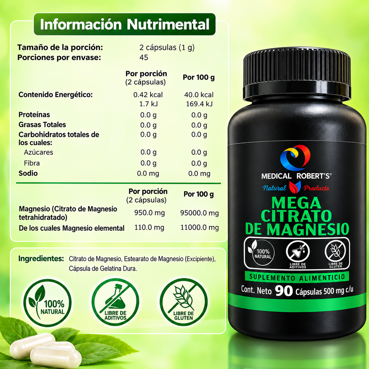 Mega Citrato de Magnesio - 90 cápsulas de 500 mg