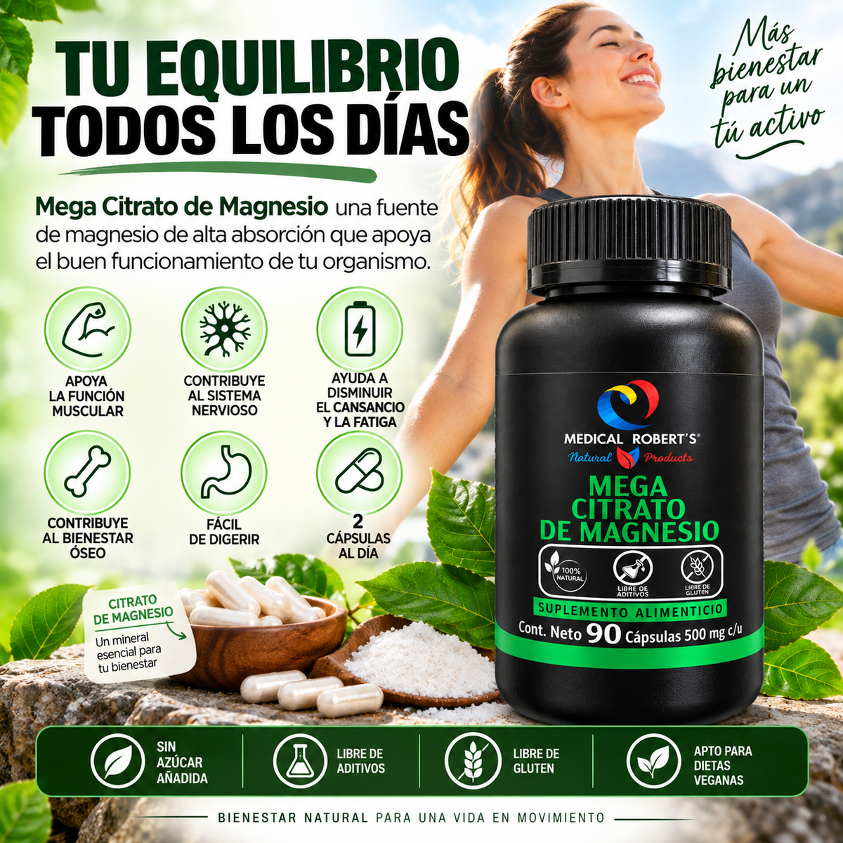 Mega Citrato de Magnesio - 90 cápsulas de 500 mg