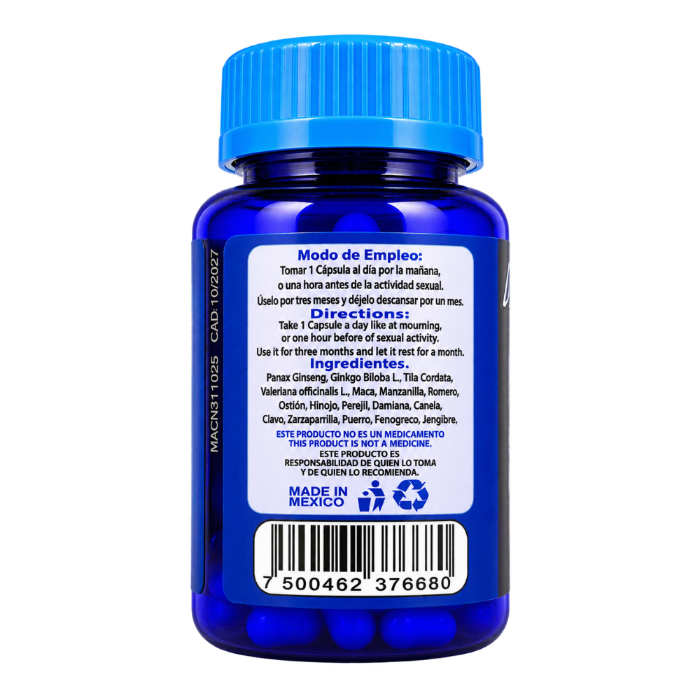 Maximus - Maca, Ginseng Panax, Zarzaparrilla, Damiana, Ostión - 30 cápsulas de 500 mg