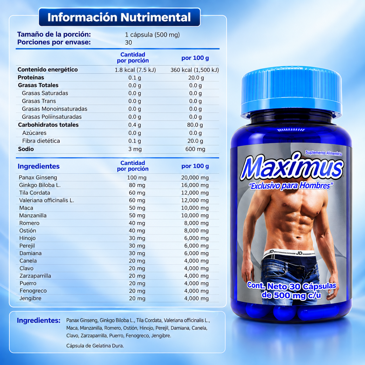 Maximus - Maca, Ginseng Panax, Zarzaparrilla, Damiana, Ostión - 30 cápsulas de 500 mg