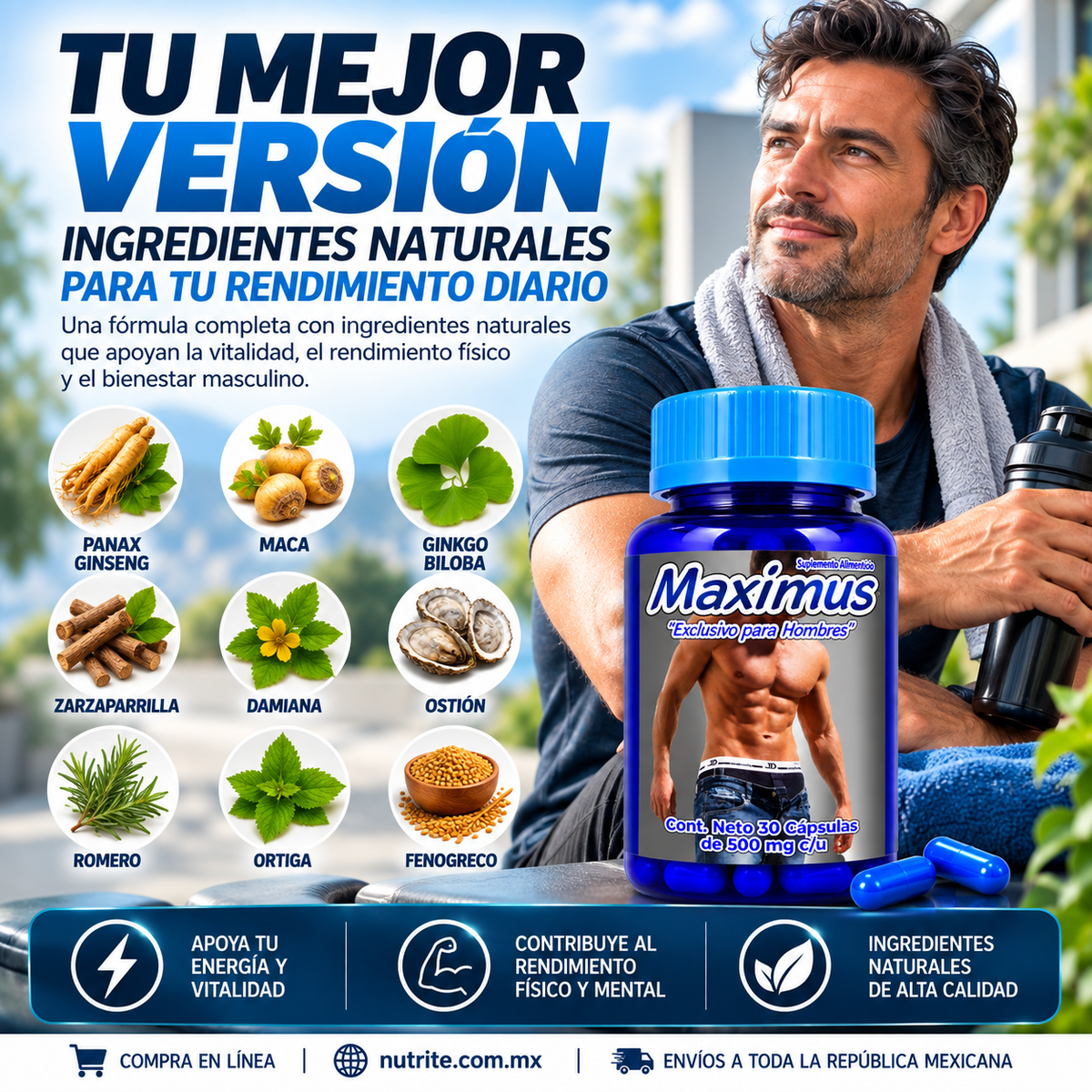 Maximus - Maca, Ginseng Panax, Zarzaparrilla, Damiana, Ostión - 30 cápsulas de 500 mg
