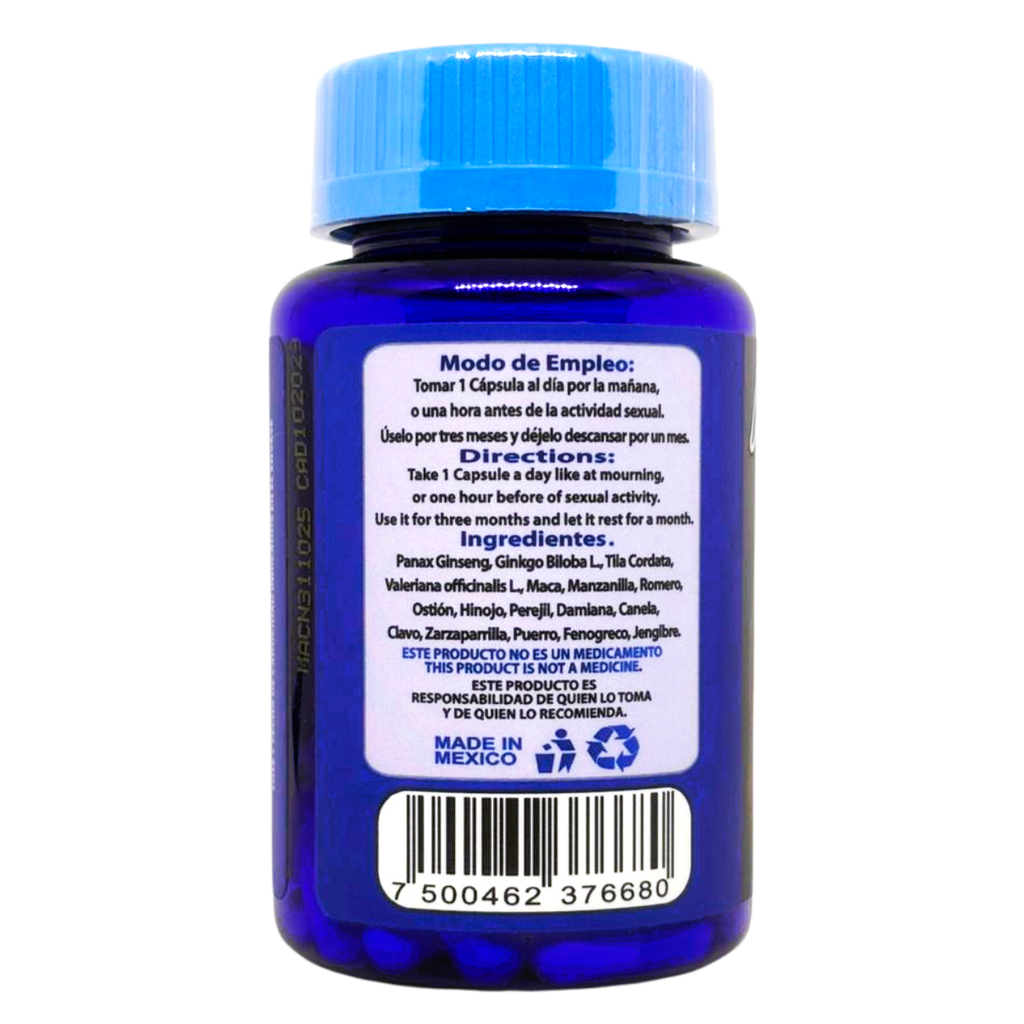 Maximus - Maca, Ginseng Panax, Zarzaparrilla, Damiana, Ostión - 30 cápsulas de 500 mg