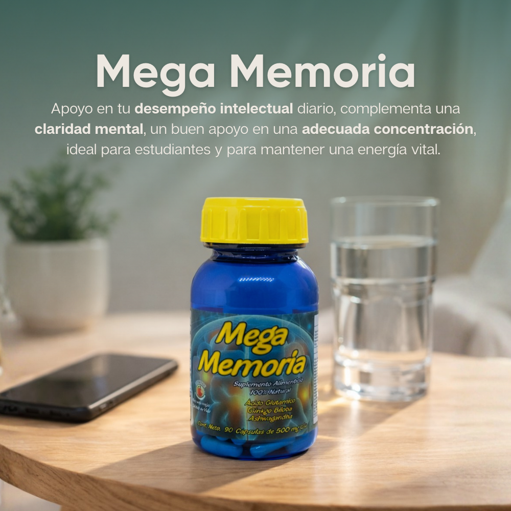 Mega Memoria - Ashwagandha, Ginkgo biloba, Ácido glutámico, Jalea Real, Vitamina B1, Zinc - 90 Cápsulas de 500 mg
