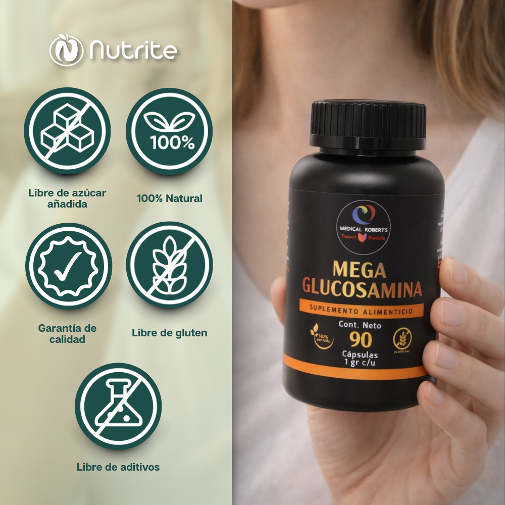 Mega Glucosamina - Glucosamina, Condroitina Sulfato, Metilsulfonilmetano (MSM), Gluconato de Magnesio - 90 cápsulas de 1000 mg