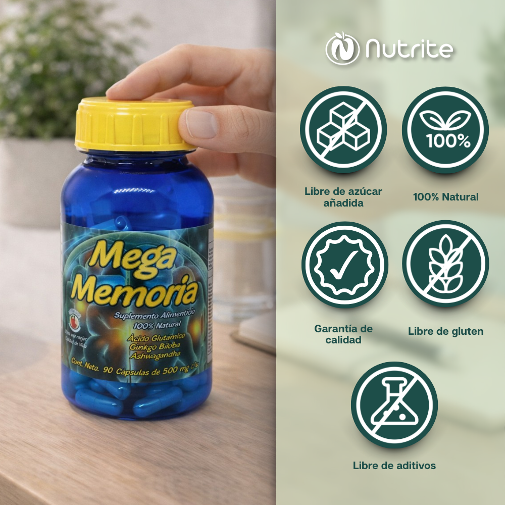 Mega Memoria - Ashwagandha, Ginkgo biloba, Ácido glutámico, Jalea Real, Vitamina B1, Zinc - 90 Cápsulas de 500 mg