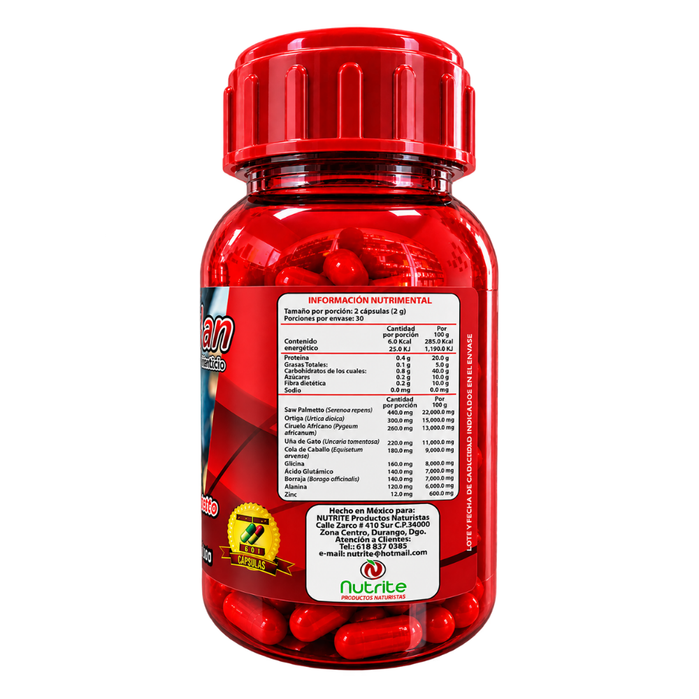 ProstaMan - Saw Palmeto, Uña de Gato, Ortiga, Cola de Caballo, Zinc - 60 cápsulas de 1000 mg