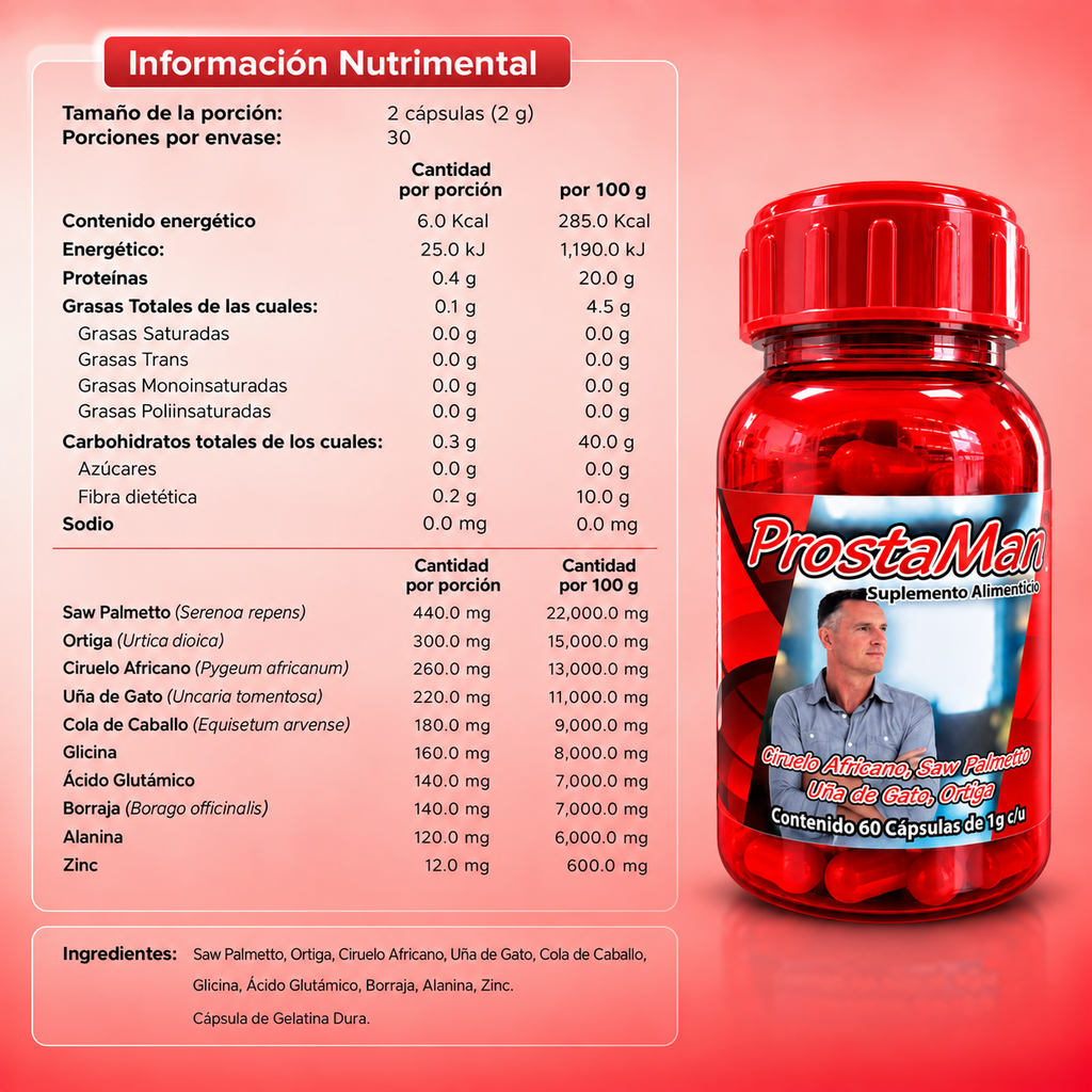 ProstaMan - Saw Palmeto, Uña de Gato, Ortiga, Cola de Caballo, Zinc - 60 cápsulas de 1000 mg