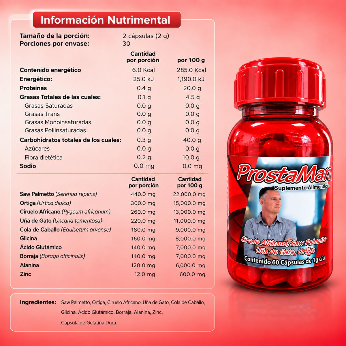ProstaMan - Saw Palmeto, Uña de Gato, Ortiga, Cola de Caballo, Zinc - 60 cápsulas de 1000 mg
