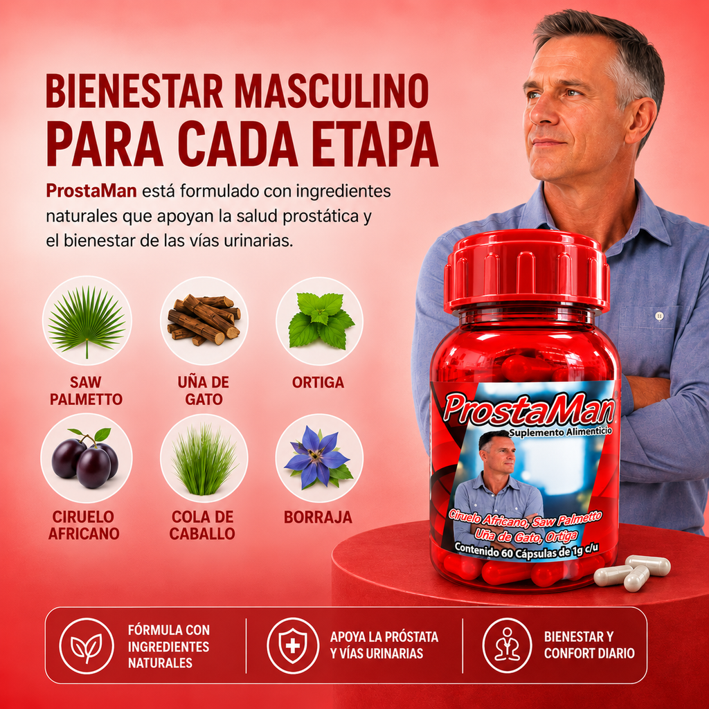 ProstaMan - Saw Palmeto, Uña de Gato, Ortiga, Cola de Caballo, Zinc - 60 cápsulas de 1000 mg