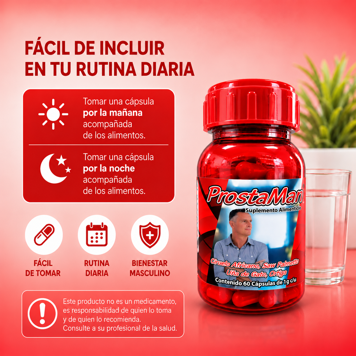 ProstaMan - Saw Palmeto, Uña de Gato, Ortiga, Cola de Caballo, Zinc - 60 cápsulas de 1000 mg