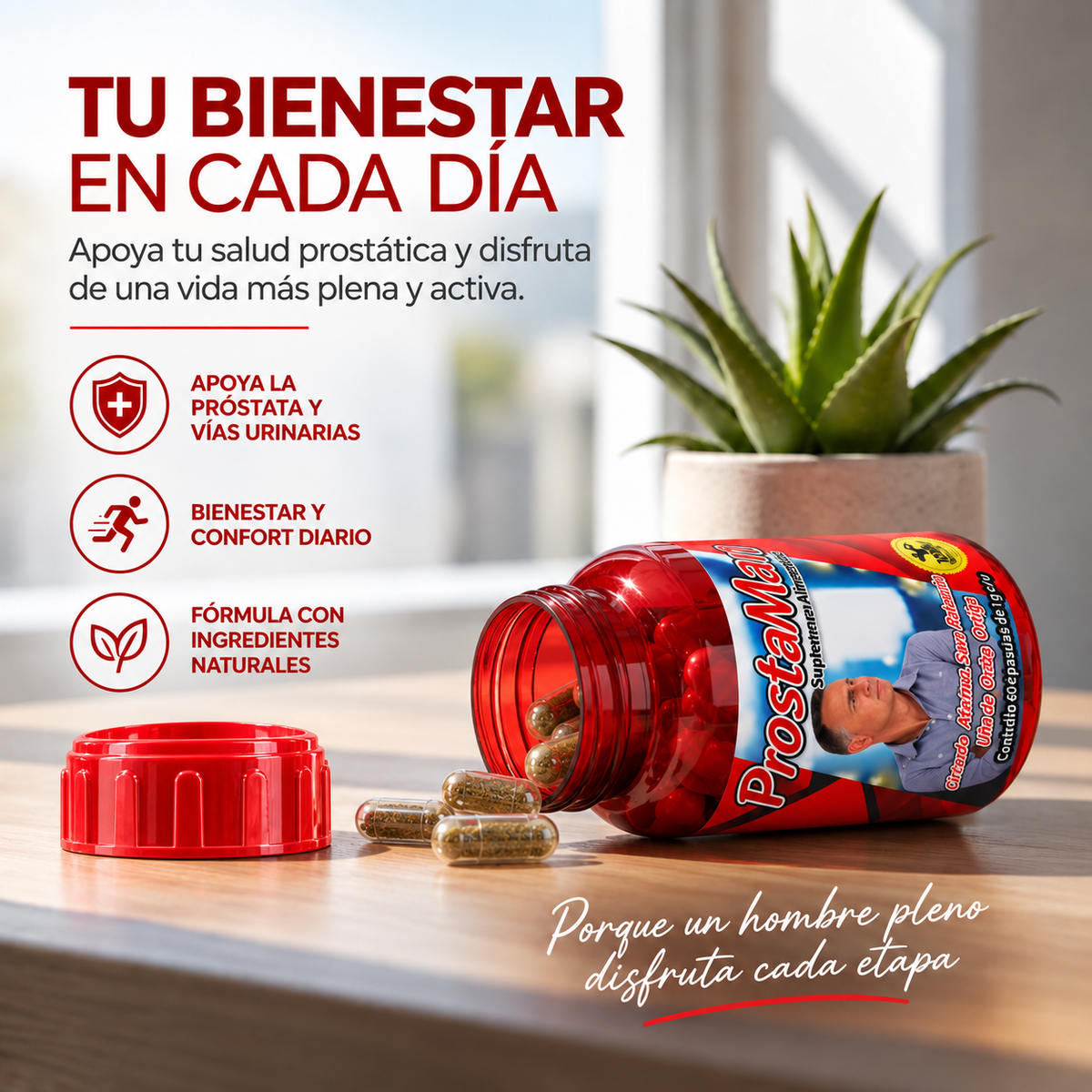 ProstaMan - Saw Palmeto, Uña de Gato, Ortiga, Cola de Caballo, Zinc - 60 cápsulas de 1000 mg
