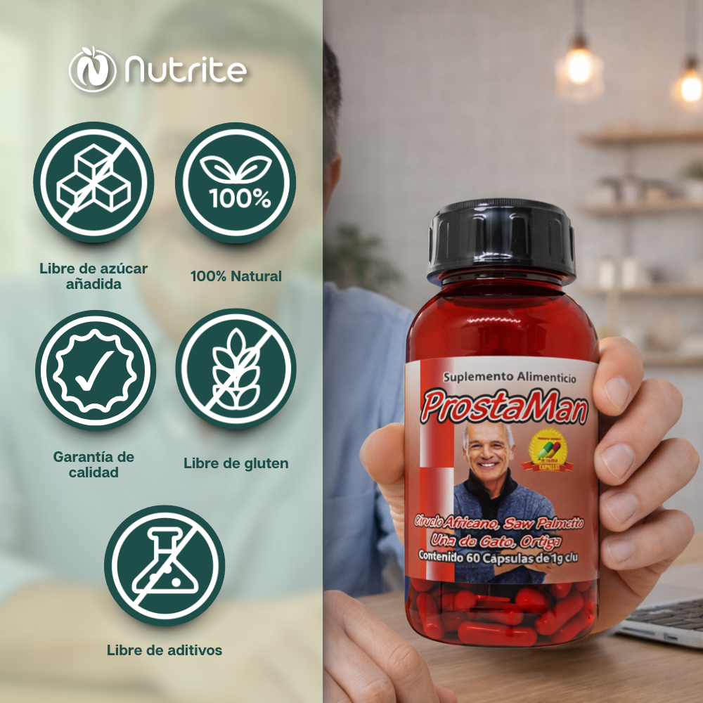 ProstaMan - Saw Palmeto, Uña de Gato, Ortiga, Cola de Caballo, Zinc - 60 cápsulas de 1000 mg