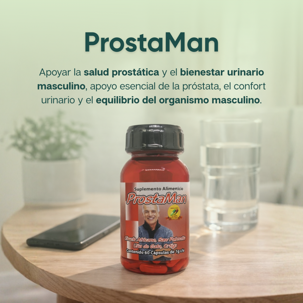 ProstaMan - Saw Palmeto, Uña de Gato, Ortiga, Cola de Caballo, Zinc - 60 cápsulas de 1000 mg