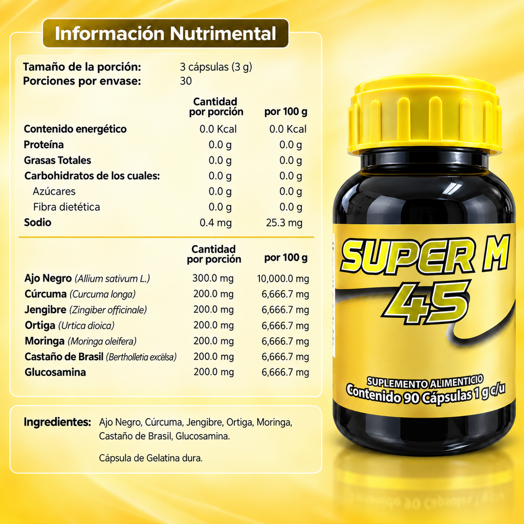 Súper M 45 - Ajo Negro, Ortiga, Cúrcuma, Jengibre, Moringa, Castaño de Brasil, Glucosamina - 90 cápsulas de 1000 mg