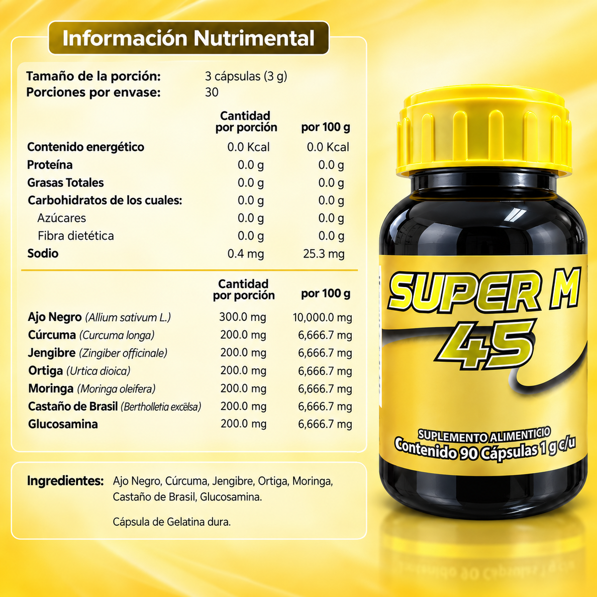 Súper M 45 - Ajo Negro, Ortiga, Cúrcuma, Jengibre, Moringa, Castaño de Brasil, Glucosamina - 90 cápsulas de 1000 mg