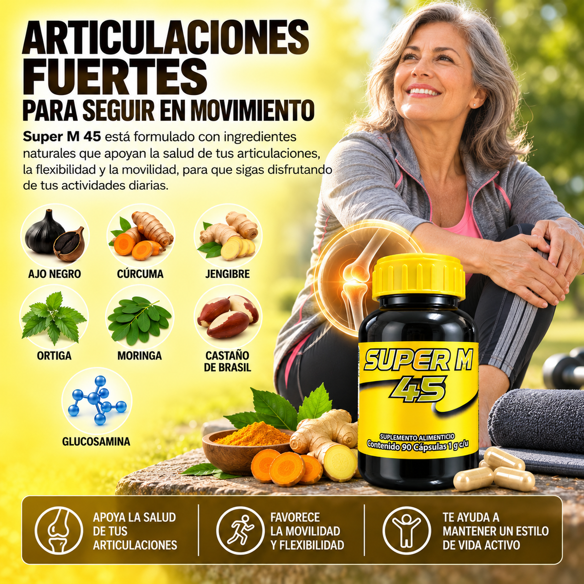 Súper M 45 - Ajo Negro, Ortiga, Cúrcuma, Jengibre, Moringa, Castaño de Brasil, Glucosamina - 90 cápsulas de 1000 mg