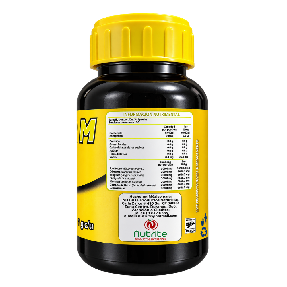 Súper M 45 - Ajo Negro, Ortiga, Cúrcuma, Jengibre, Moringa, Castaño de Brasil, Glucosamina - 90 cápsulas de 1000 mg