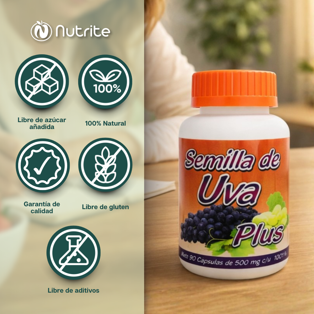 Semilla de Uva, Pétalos de Rosa, Vitamina C, Magnesio, Calcio - 90 Cápsulas de 500 mg