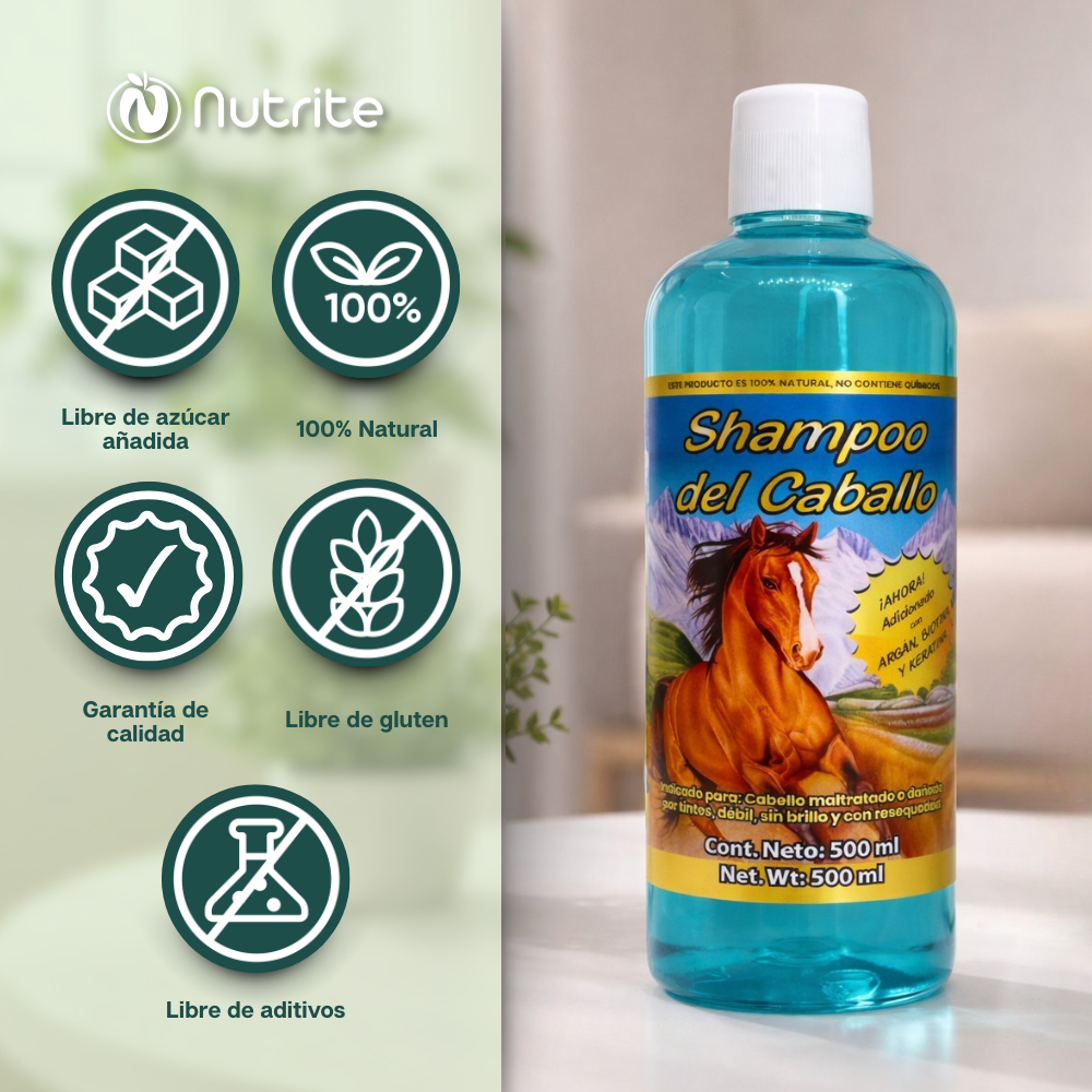 Shampoo del Caballo - Con Sábila, Romero, Almendras, Argán, Ricino, Linaza, Biotina, Keratina - 500 ml