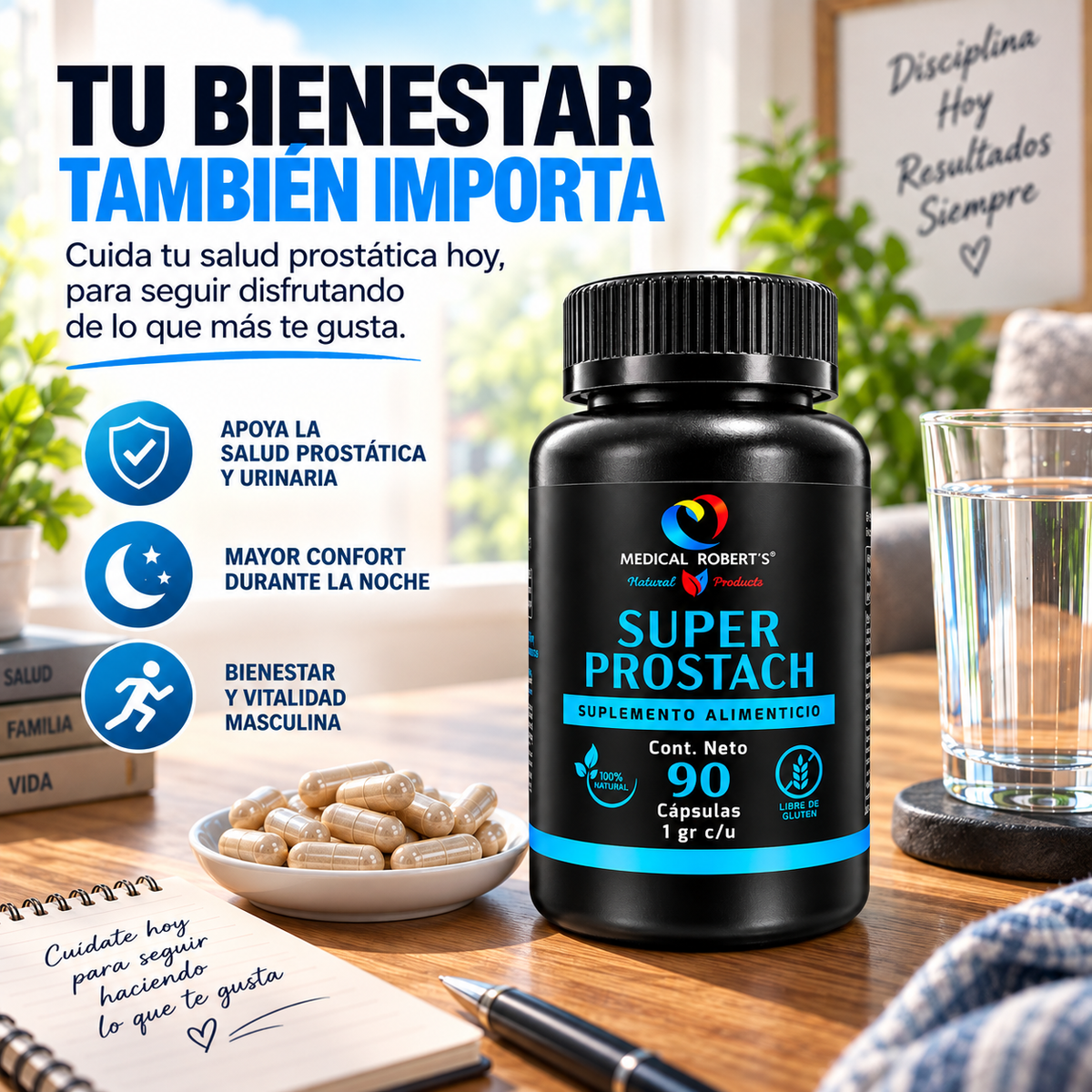 Súper Prostach - Licopeno, Semilla de Calabaza, Ciruelo Africano, Saw Palmeto, Beta-Sitosterol - 90 cápsulas de 1000 mg
