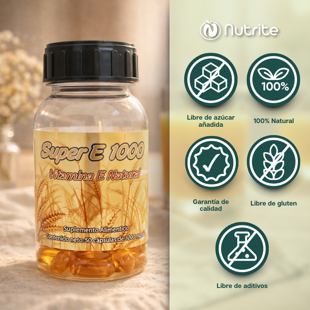 Súper E 1000 - Vitamina E, Germen de Trigo - 50 Cápsulas de 1200 mg