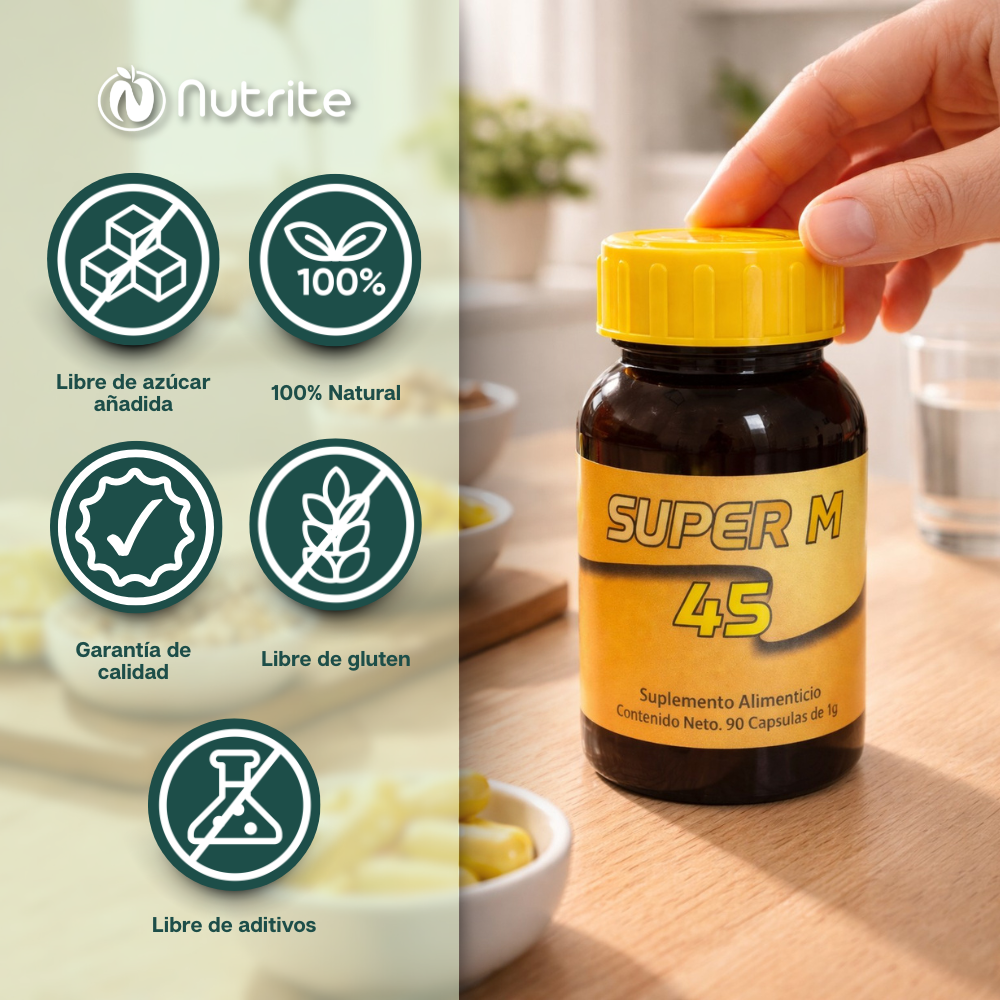 Súper M 45 - Ajo Negro, Ortiga, Cúrcuma, Jengibre, Moringa, Castaño de Brasil, Glucosamina - 90 cápsulas de 1000 mg