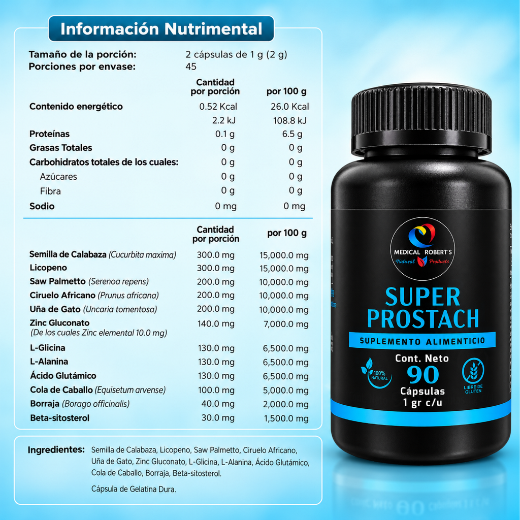 Súper Prostach - Licopeno, Semilla de Calabaza, Ciruelo Africano, Saw Palmeto, Beta-Sitosterol - 90 cápsulas de 1000 mg
