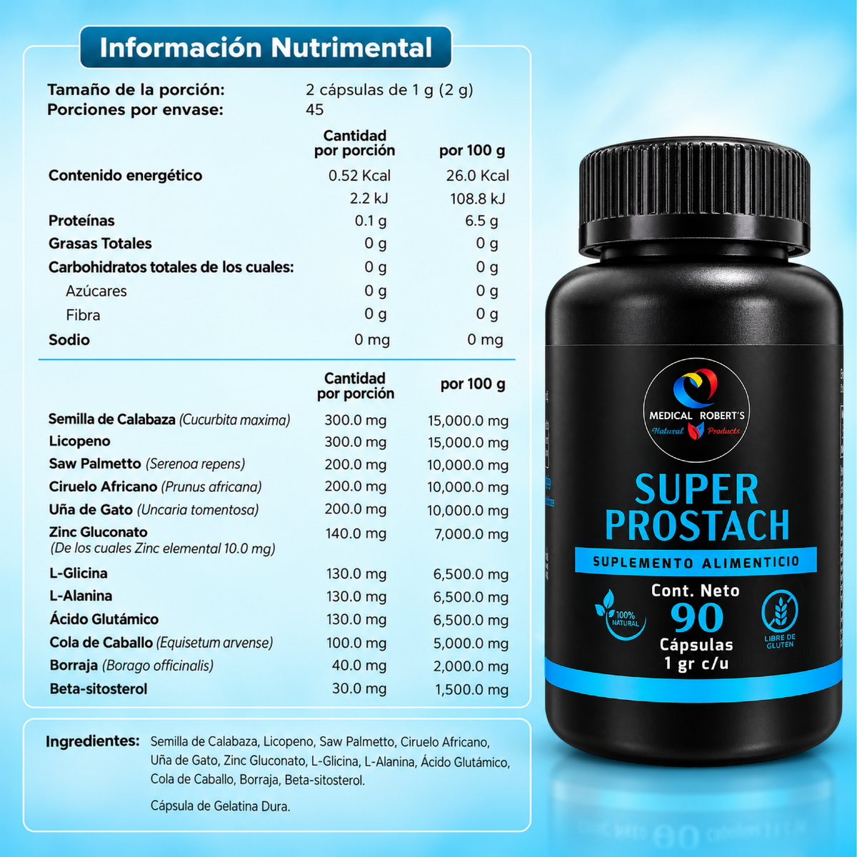 Súper Prostach - Licopeno, Semilla de Calabaza, Ciruelo Africano, Saw Palmeto, Beta-Sitosterol - 90 cápsulas de 1000 mg