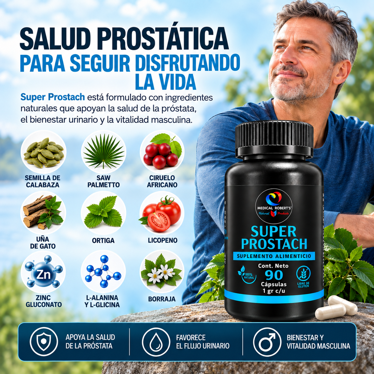 Súper Prostach - Licopeno, Semilla de Calabaza, Ciruelo Africano, Saw Palmeto, Beta-Sitosterol - 90 cápsulas de 1000 mg