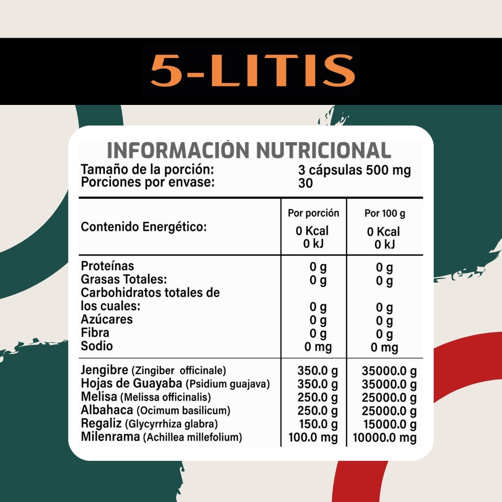 5-Litis - Hojas de Guayabo, Melisa, Regaliz, Jengibre, Milenrama - 90 Cápsulas de 500 mg