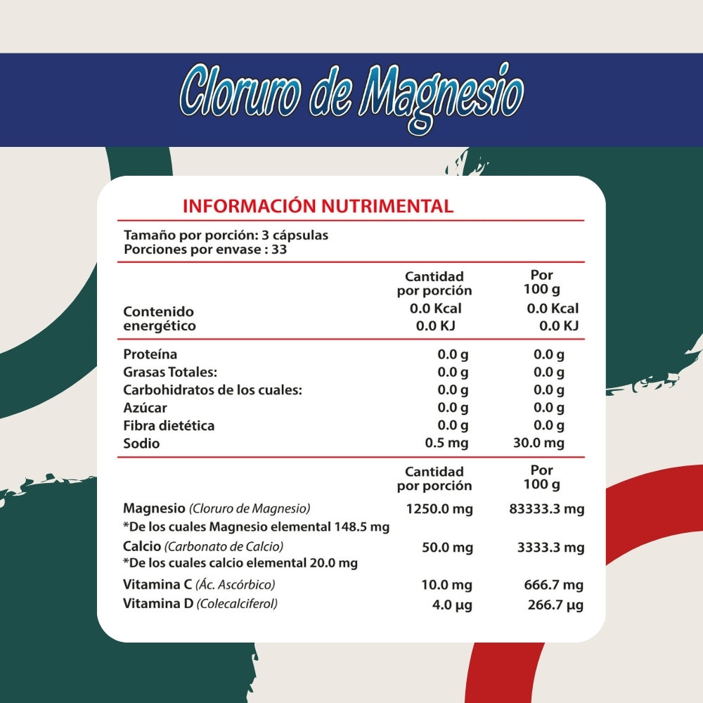 Cloruro de Magnesio, Vitamina C, Vitamina D, Calcio - Cápsulas de 500 mg